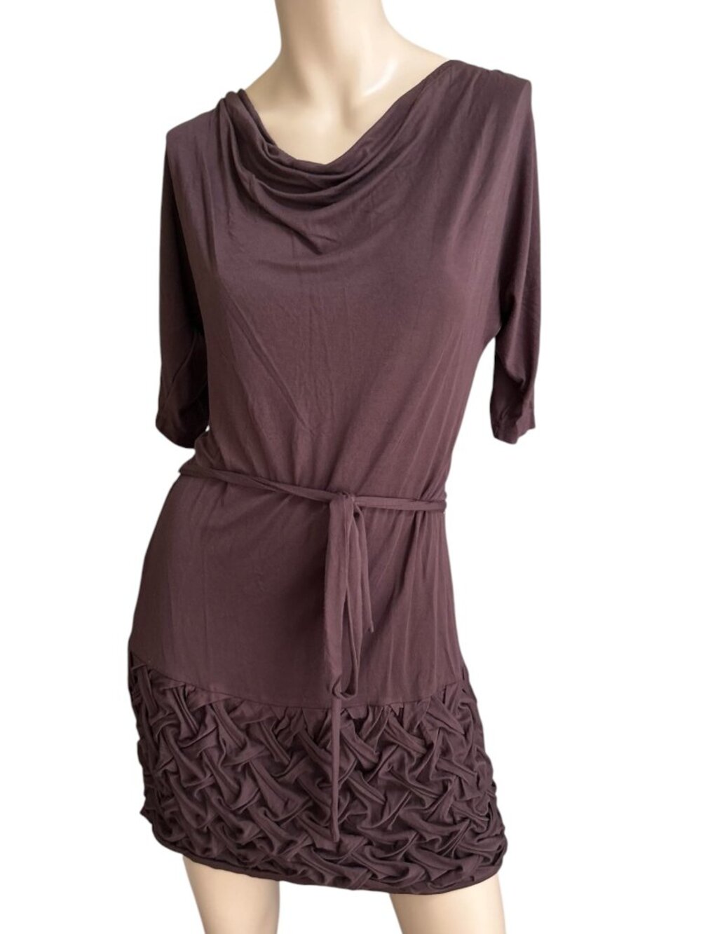 VTG Brown Dress Stretchy Sz S Cowl Neck Textured Bubble Hem Y2K Boho Chic